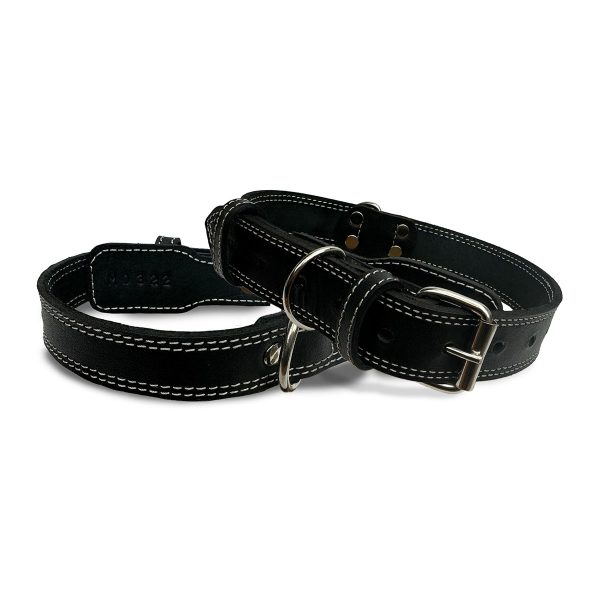 Leather Dog Collar with Double Stitching in Black