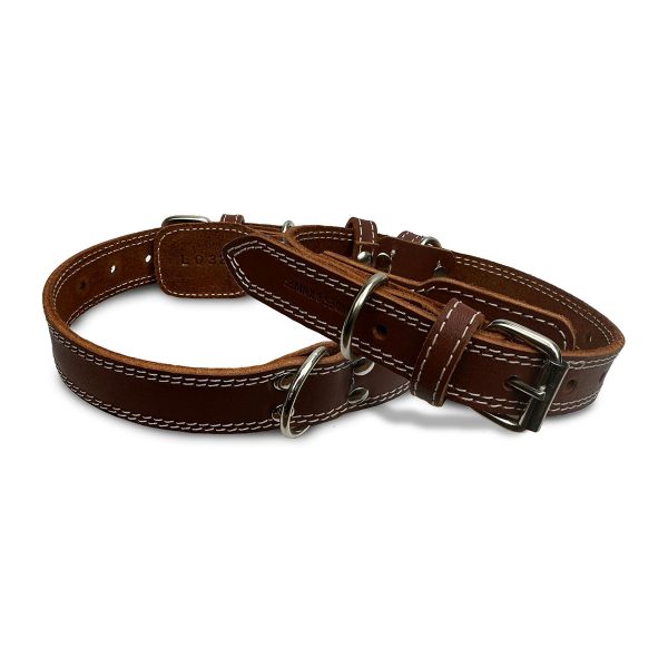 Leather Dog Collar with Double Stitching in Brown